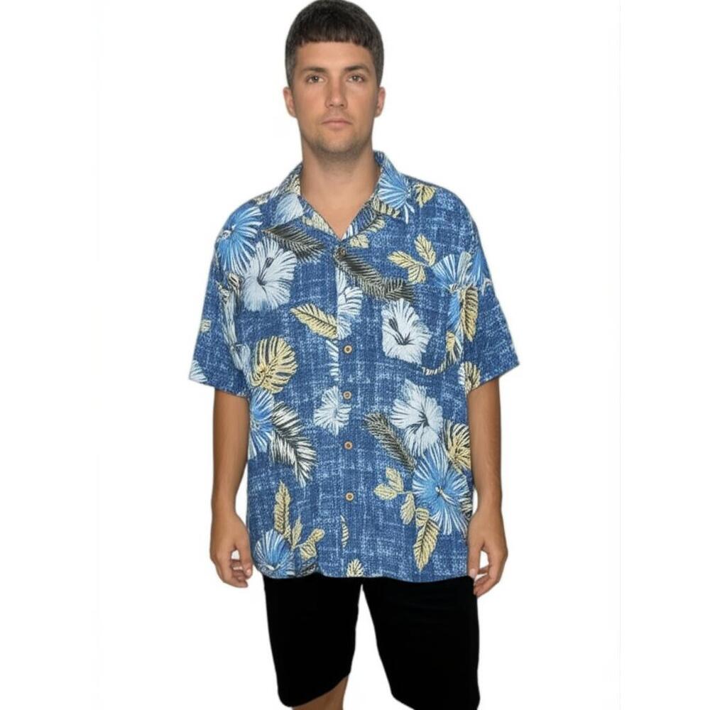 Island Shores Original Island Wear Hawaiian Shirt L Blue Tan Aloha Button Front